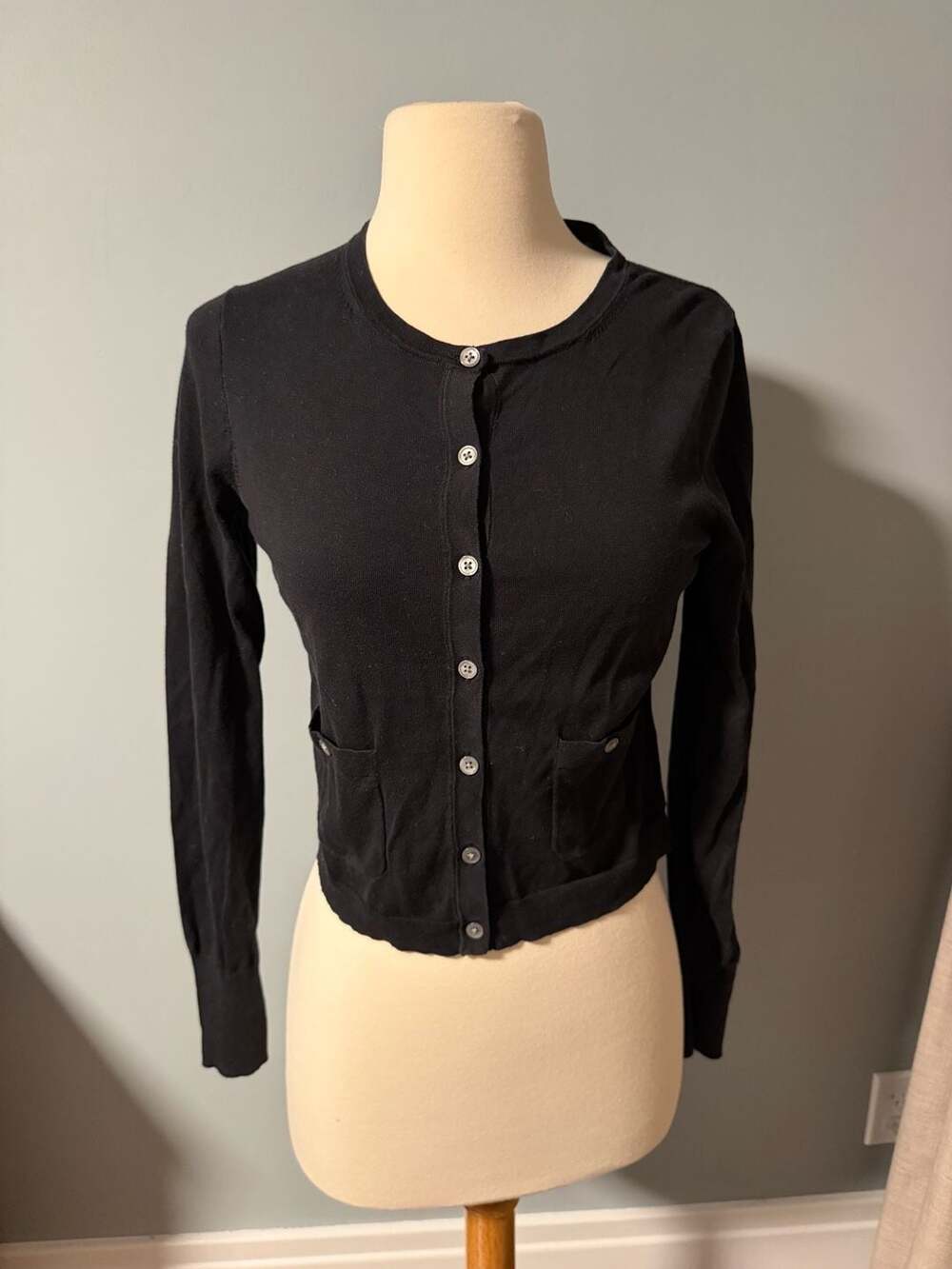 J. Crew Cotton Cardigan Size S Black Pocket Crewneck Button-Front